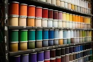 A stack of paint canisters, paint cans, and other supplies neatly organized in a paint shop, representing the wide range of paint options available to customers. Generative AI photo