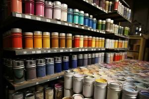 A stack of paint canisters, paint cans, and other supplies neatly organized in a paint shop, representing the wide range of paint options available to customers. Generative AI photo