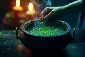 A close-up shot of a witch's hand stirring a cauldron, with a bubbling green potion, adding an element of mystery and enchantment to Halloween advertising. Generative Ai photo