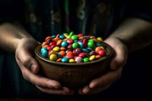 A close-up shot of hands holding a bowl filled with colorful Halloween candies, tempting viewers with the sweet treats of the season. Generative Ai photo