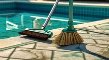 un de cerca Disparo de profesional piscina limpieza herramienta, piscina cepillar, pulcramente arreglado por el lado de el piscina, enfatizando el importancia de piscina mantenimiento y limpieza. foto