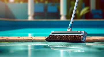 A close-up shot of professional pool cleaning tool, pool brush, neatly arranged by the side of the pool, emphasizing the importance of pool maintenance and cleanliness. photo
