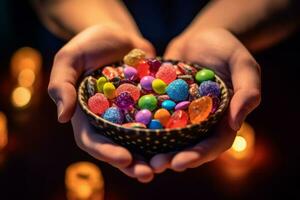 A close-up shot of hands holding a bowl filled with colorful Halloween candies, tempting viewers with the sweet treats of the season. Generative Ai photo