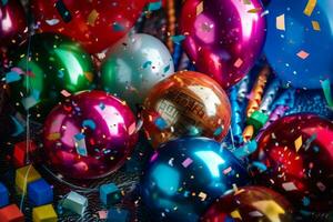 un collage de festivo nuevo años decoraciones, incluso globos, serpentinas, y fiesta favores, simbolizando el vibrante y festivo atmósfera de nuevo años celebraciones generativo ai foto