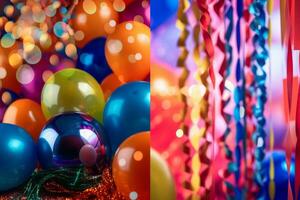 un collage de festivo nuevo años decoraciones, incluso globos, serpentinas, y fiesta favores, simbolizando el vibrante y festivo atmósfera de nuevo años celebraciones generativo ai foto