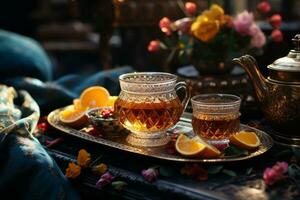 Traditional Moroccan tea set on a patterned rug, capturing the essence of Moroccan hospitality. Generative Ai photo