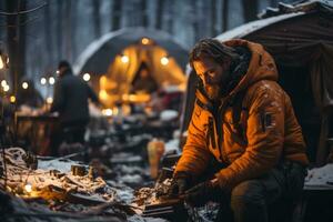 Rescue team setting up a temporary shelter in the snow, emphasizing their preparedness and ability to provide assistance even in extreme winter conditions. Generative Ai photo