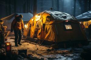 Rescue team setting up a temporary shelter in the snow, emphasizing their preparedness and ability to provide assistance even in extreme winter conditions. Generative Ai photo