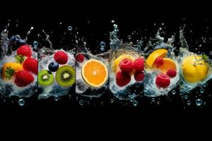 A collage of various fruits submerged in sparkling mineral water, portraying the drink as a healthy and flavorful choice. Generative Ai photo