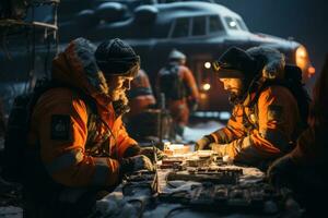 Rescue team setting up a temporary shelter in the snow, emphasizing their preparedness and ability to provide assistance even in extreme winter conditions. Generative Ai photo