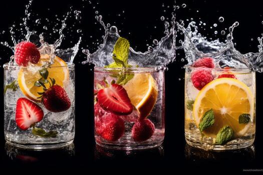 A collage of various fruits submerged in sparkling mineral water, portraying the drink as a healthy and flavorful choice. Generative Ai photo