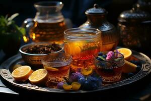 Traditional Moroccan tea set on a patterned rug, capturing the essence of Moroccan hospitality. Generative Ai photo