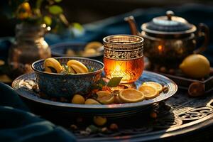 Traditional Moroccan tea set on a patterned rug, capturing the essence of Moroccan hospitality. Generative Ai photo