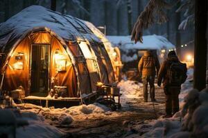 Rescue team setting up a temporary shelter in the snow, emphasizing their preparedness and ability to provide assistance even in extreme winter conditions. Generative Ai photo