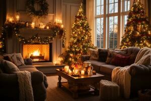 A cozy living room with a crackling fireplace, adorned with stockings, garlands, and flickering candles, evoking a sense of warmth and comfort during the holidays. Generative Ai photo