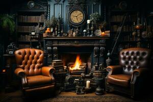 A cozy study in a '70s mansion adorned with mahogany bookshelves, vintage leather armchairs, capturing the nostalgia and intellectual allure of the era. Generative AI photo