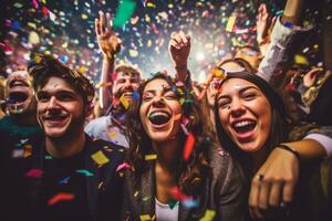 A diverse group of people wearing party hats and blowing confetti into the air, embodying the spirit of fun and festivity during New Year's celebrations. Generative AI photo