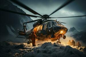 A dramatic aerial view of a helicopter airlifting a person to safety from a snow-covered peak, showcasing the expertise and bravery of mountain rescue operations. Generative Ai photo