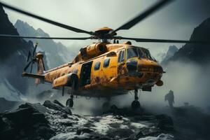 A dramatic aerial view of a helicopter airlifting a person to safety from a snow-covered peak, showcasing the expertise and bravery of mountain rescue operations. Generative Ai photo