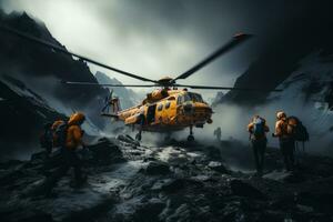 un dramático aéreo ver de un helicóptero transporte aéreo un persona a la seguridad desde un cubierto de nieve cima, exhibiendo el pericia y valentía de montaña rescate operaciones. generativo ai foto