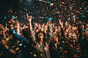 A diverse group of people wearing party hats and blowing confetti into the air, embodying the spirit of fun and festivity during New Year's celebrations. Generative AI photo