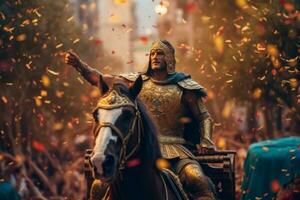 Roman general atop a triumphal chariot, surrounded by cheering crowds and showered with flower petals, symbolizing their victorious return from war. Generative AI photo