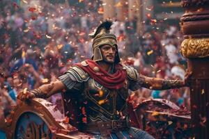 Roman general atop a triumphal chariot, surrounded by cheering crowds and showered with flower petals, symbolizing their victorious return from war. Generative AI photo