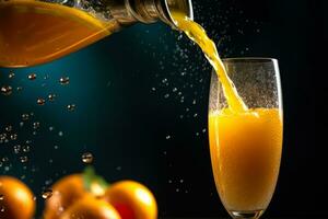 A dynamic shot of orange juice being poured into a glass from a stylishly designed bottle, emphasizing the product's premium quality and taste. Generative AI photo