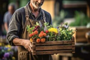 A farmer holding a crate of colorful flowers at a local farmers' market, showcasing the beauty and diversity of farm-grown floral products. Generative AI photo