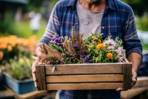A farmer holding a crate of colorful flowers at a local farmers' market, showcasing the beauty and diversity of farm-grown floral products. Generative AI photo