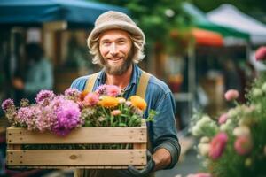 A farmer holding a crate of colorful flowers at a local farmers' market, showcasing the beauty and diversity of farm-grown floral products. Generative AI photo