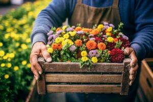 A farmer holding a crate of colorful flowers at a local farmers' market, showcasing the beauty and diversity of farm-grown floral products. Generative AI photo