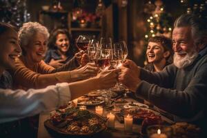 A family gathered around a beautifully decorated table, raising their glasses in a toast, signifying the warmth and togetherness of New Year's celebrations. Generative AI photo