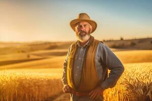 un granjero en pie con orgullo en un dorado trigo campo, y un vibrante azul cielo, simbolizando el difícil trabajo y abundancia de el agrícola industria. generativo ai foto