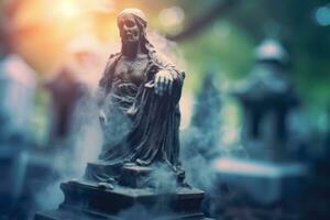 A ghostly apparition emerging from a tombstone in a graveyard, with mist swirling around, evoking a sense of supernatural mystery for a Halloween event. Generative Ai photo