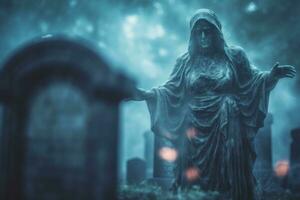 A ghostly apparition emerging from a tombstone in a graveyard, with mist swirling around, evoking a sense of supernatural mystery for a Halloween event. Generative Ai photo