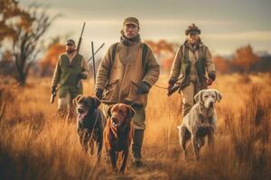 A group of hunters dressed in traditional hunting attire, trekking through the wilderness with hunting dogs by their side, showcasing the camaraderie and adventure of the sport. Generative AI photo