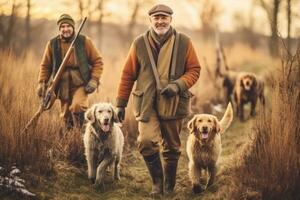 A group of hunters dressed in traditional hunting attire, trekking through the wilderness with hunting dogs by their side, showcasing the camaraderie and adventure of the sport. Generative AI photo