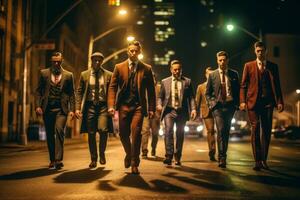 un grupo de elegantemente vestido mafiosos caminando abajo un ciudad calle a noche, fundición dramático oscuridad como ellos afirmar su dominio. generativo ai foto