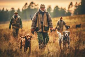 A group of hunters dressed in traditional hunting attire, trekking through the wilderness with hunting dogs by their side, showcasing the camaraderie and adventure of the sport. Generative AI photo