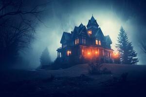 A haunted mansion engulfed in thick fog, with lightning illuminating the sky, setting the stage for a spine-chilling Halloween experience. Generative Ai photo