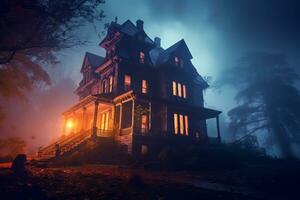 A haunted mansion engulfed in thick fog, with lightning illuminating the sky, setting the stage for a spine-chilling Halloween experience. Generative Ai photo