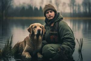 A hunter with a retriever dog by a serene lake, showcasing the bond between man and dog in the hunting experience. Generative AI photo