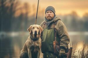 A hunter with a retriever dog by a serene lake, showcasing the bond between man and dog in the hunting experience. Generative AI photo