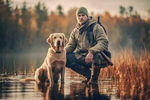 A hunter with a retriever dog by a serene lake, showcasing the bond between man and dog in the hunting experience. Generative AI photo