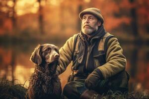 A hunter with a retriever dog by a serene lake, showcasing the bond between man and dog in the hunting experience. Generative AI photo