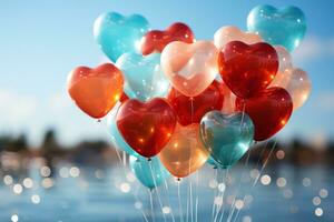 A mesmerizing photo of balloons floating against a blue sky, symbolizing love taking flight and reaching new heights. Generative AI
