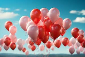 A mesmerizing photo of balloons floating against a blue sky, symbolizing love taking flight and reaching new heights. Generative AI