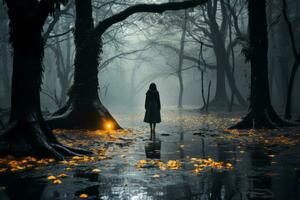 A mesmerizing photo of a person walking through a misty forest, evoking a sense of mystery and transformation on their soulful path. Generative Ai