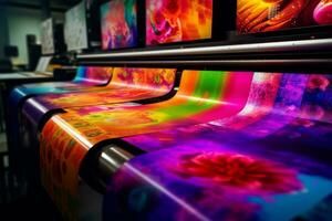 A montage of colorful printed banners and posters coming out of a high-speed roll-to-roll printer, showcasing the versatility and productivity of big ink printers. Generative AI photo